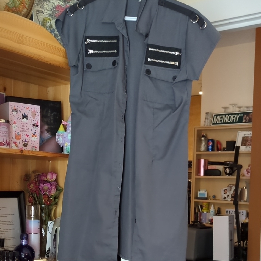 Gray Military Style Dress with Zipper Accents